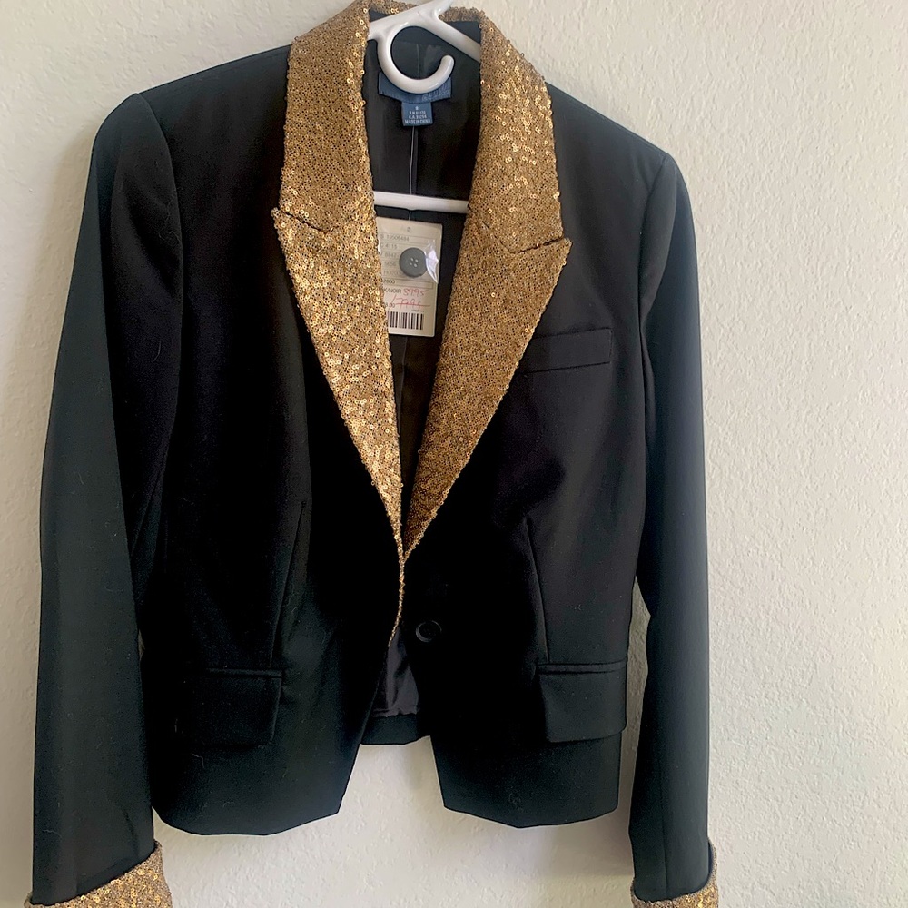 Brand new Anthropologie black blazer with gold sequins, size 8